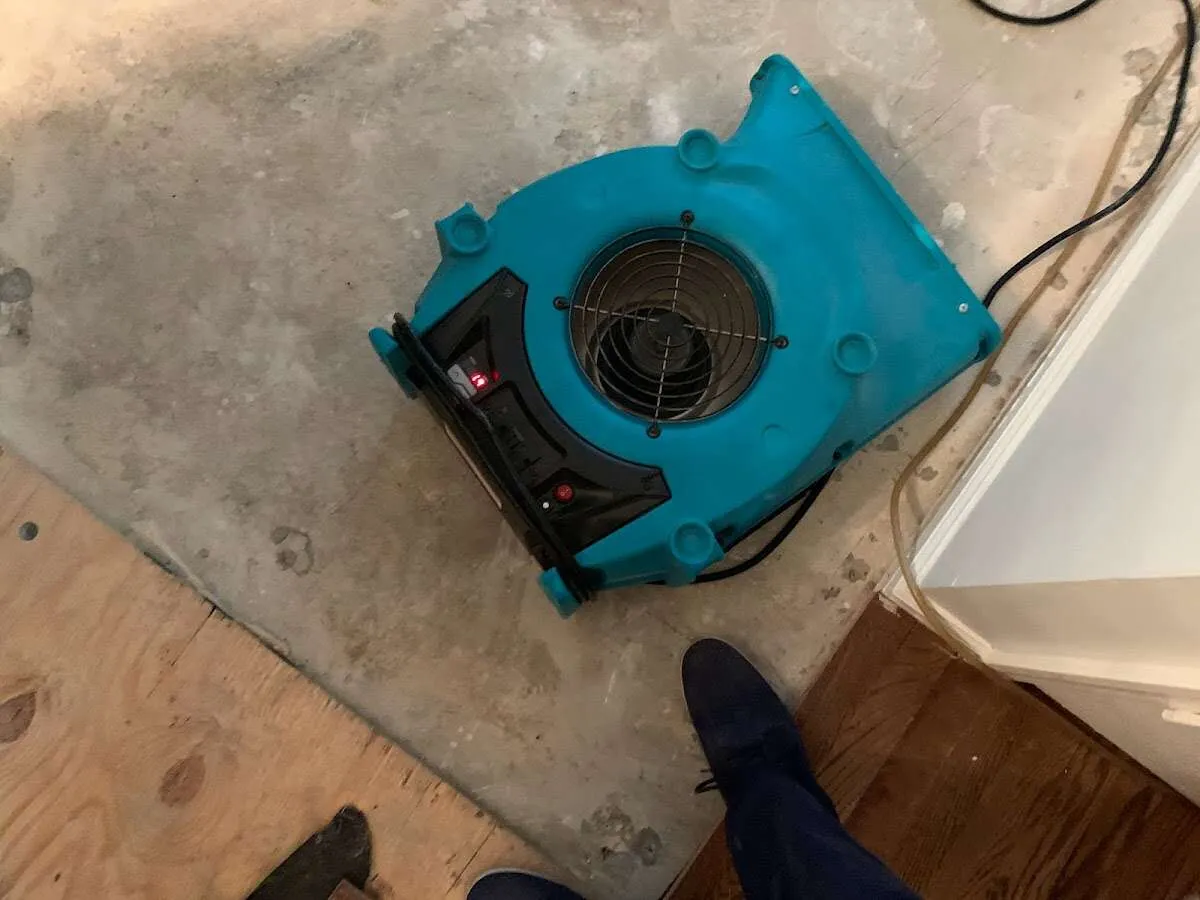 Air mover drying subfloor during Commercial Water Damage Restoration in Durham